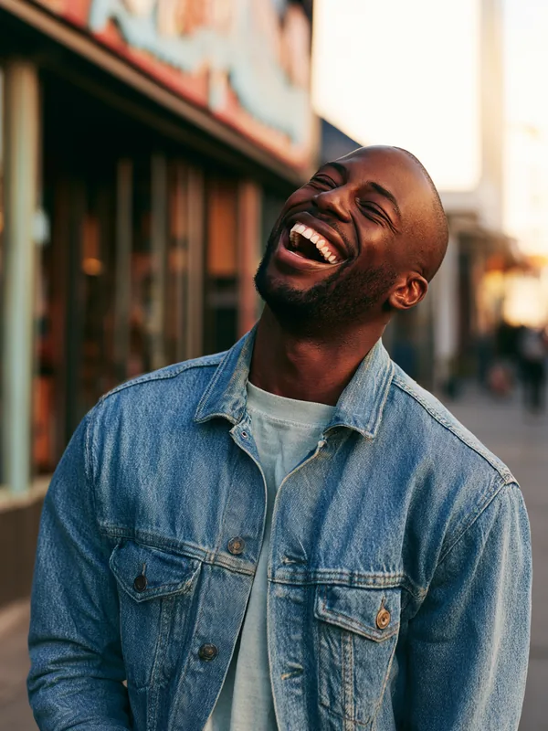 Young American man laughing outdoors, reflecting the relief of understanding personal loan options with Fora Financial